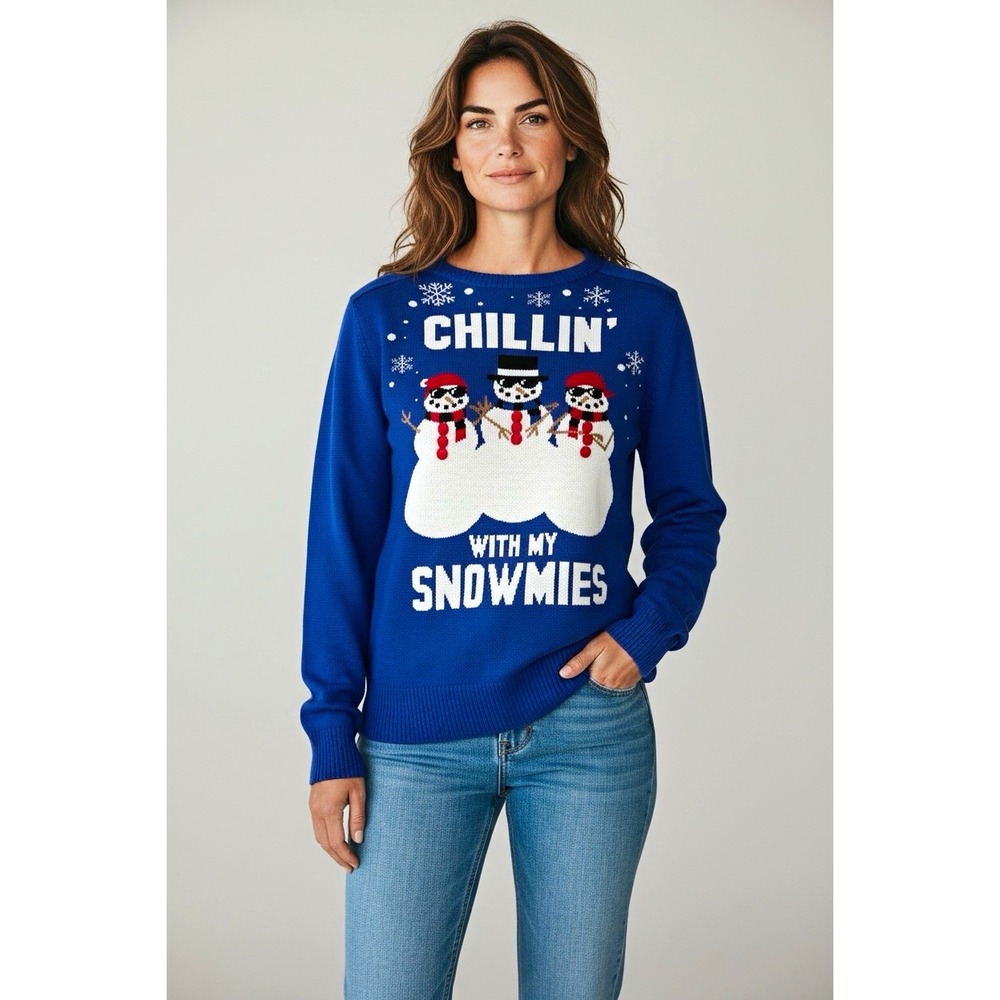 Well Worn Christmas Sweater Womens M Blue Chillin With My Snowmies Snowman Knit